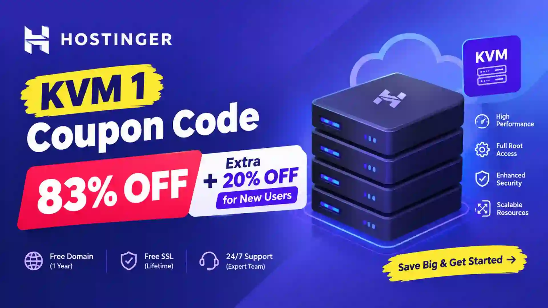 Hostinger KVM 1 Coupon Code: 83% Off + Extra 20% Off for New Users
